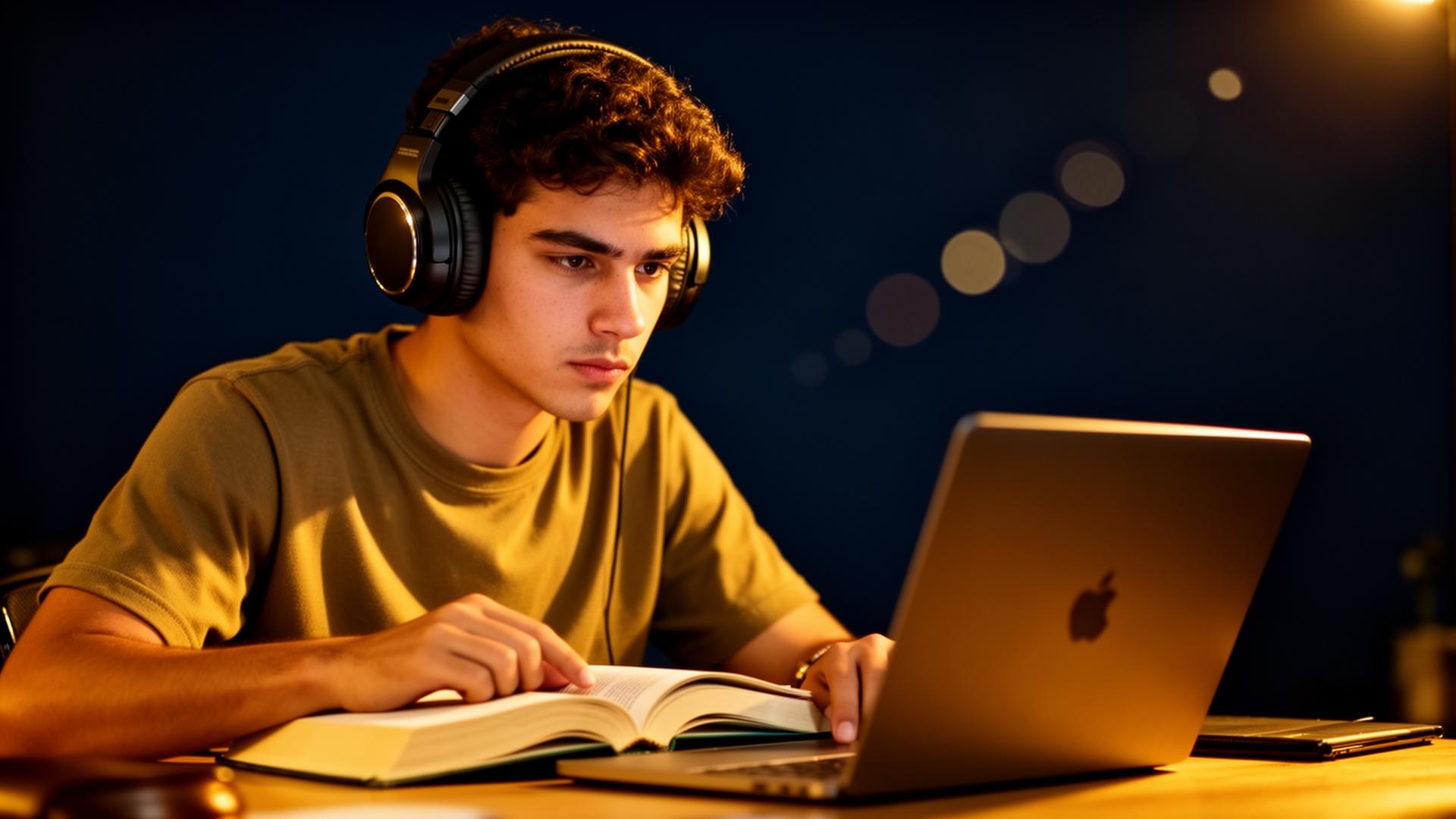 Estudante de Direito ouvindo a lei com fones de ouvido